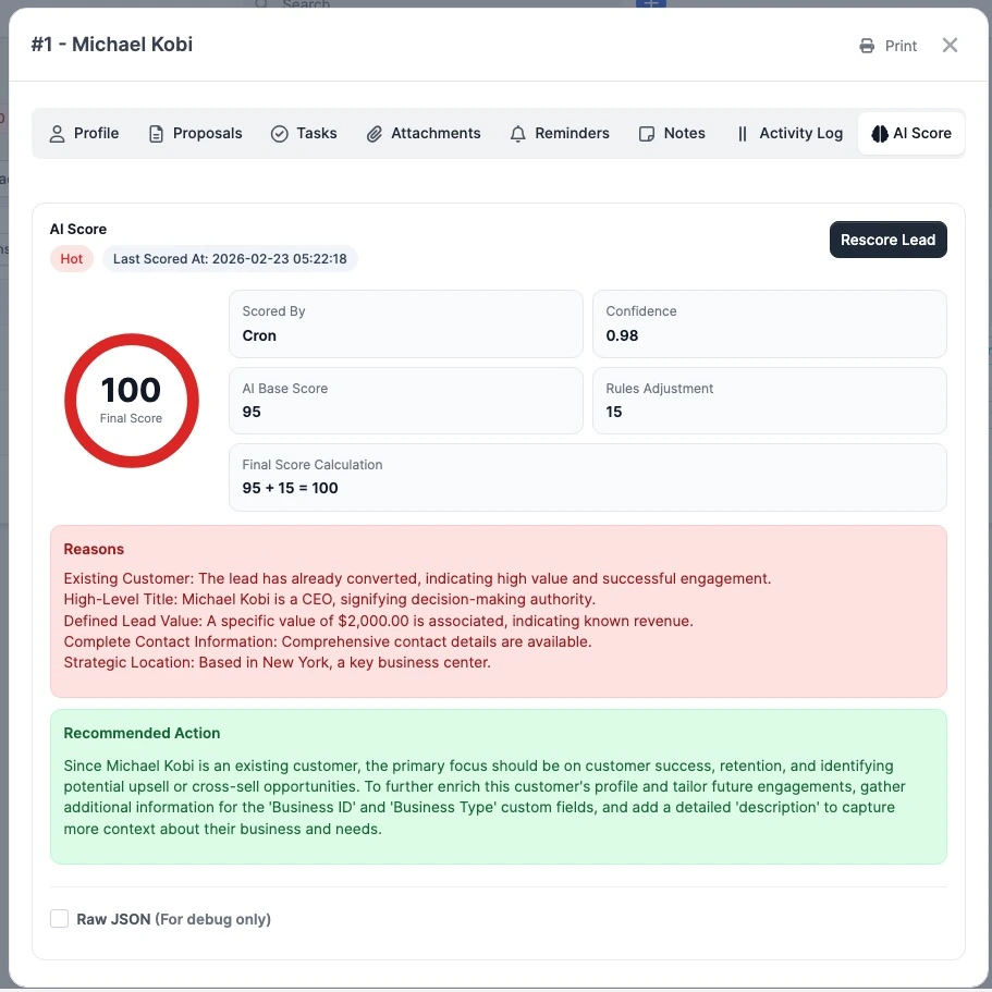 AI Lead Scoring - Lead Modal AI Score Tab