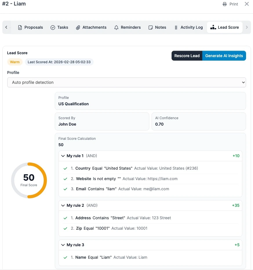 AI Lead Scoring - Lead Modal AI Score Tab