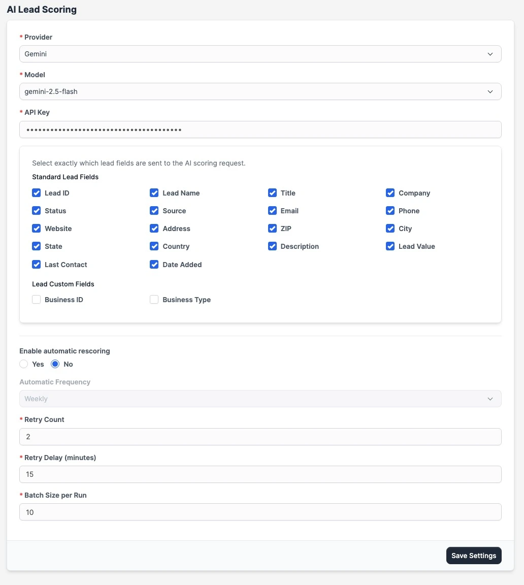 AI Lead Scoring - Settings