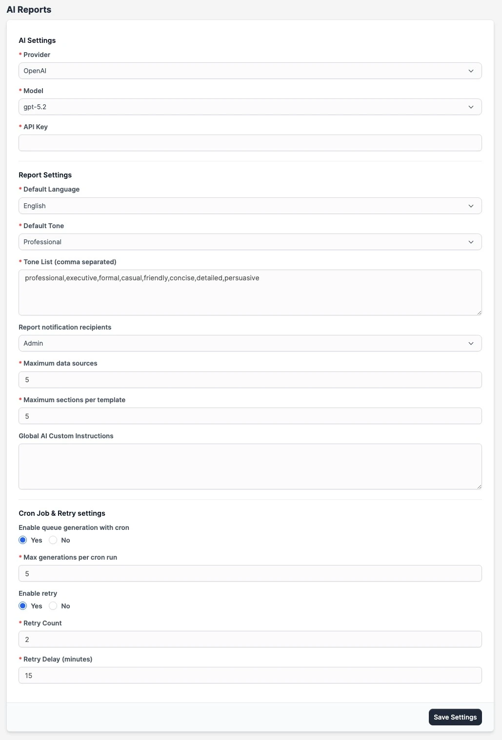 AI Report - Settings